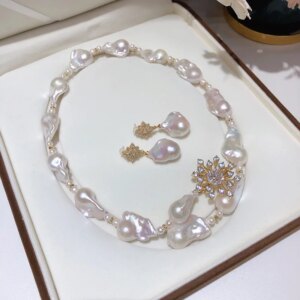 one set freshwater pearl white baroque Necklace Earrings
