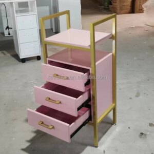 Pink Beauty Spa Hair Salon Gold Drawers Salon Trolley Cart With Wheels