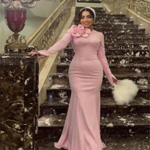 Pink Arabic Mermaid Evening Dress Elegant Long Sleeve Muslim Islamic Dubai Prom Dresses With Flowers Formal Party Customized