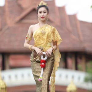 Spring Summer Thailand Traditional Dress Clothing for Women Elegant Thai Outfit Tops Tube Skirt Southeast Asian Style Clothes