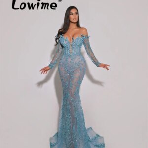 2024 Illusion Blue Party Dress Off The Shoulder Mermaid Prom Dresses Custom Made Beaded Sequins Aso Ebi Crystals Evening Gowns