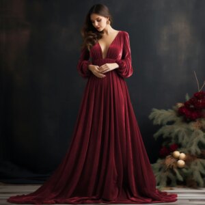 Don&Judy Deep V-neck Front Slit Velvet Maternity Photo Shoot Dress Vintage Evening Party Photography Dress Clothes Photo Session