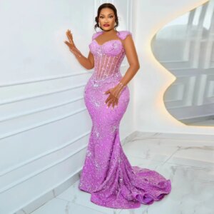 Luxury Lilac Beaded Lace Mermaid Prom Dresses Plus Size African Formal Party Dress Customized Asoebi Wedding Gown Birthday Dress