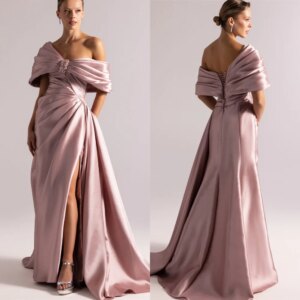 Customized  Temperament  Champagne Satin Evening Dress Classic Strapless Off the Shoulder Sleeveless Zipper Back Party