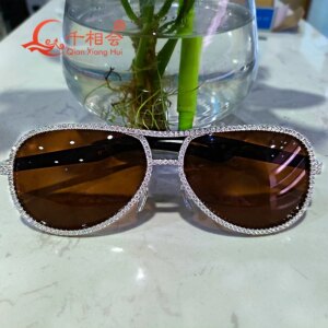 Full White Moissanite Silver Fashion Sunglasses Vintage Designer Big Frame Brown Glasses for Women And Men Cool Sexy Sunwear