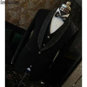 Black Formal Men Business Crystal Occasion Tuxedos Grooms Wedding Party Prom Male Suit 2 Piece Set Blazer Pants