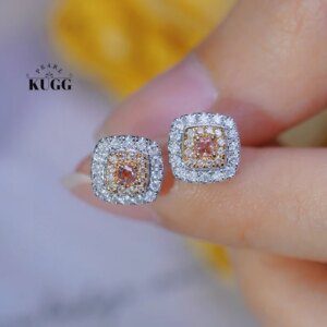 KUGG 100% 18K White Gold Earrings Real Natural Pink Diamond Stud Earrings for Women Fashion Square Design High Wedding Jewelry