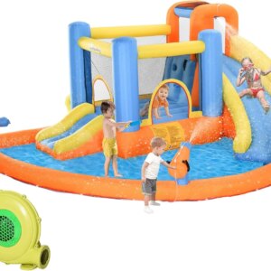 5-in-1 Kids Inflatable Bounce House Jumping Castle with Water Pool, Slide, Climbing Walls, & 2 Water Guns, Orange, Blue, Yellow