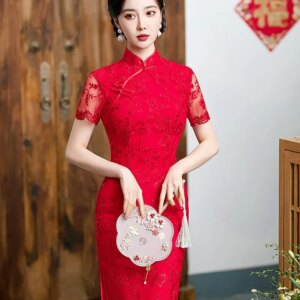 Red lace engagement long standing collar wedding toasted Chinese fashion cheongsam