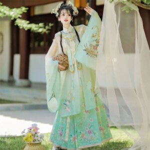 Flower Stand Collar Ming Long Shirt Women’s Han Chinese Clothing Machine Embroidery Cloud Shoulder Horse-Face Skirt Suit Style