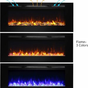 50 Inches Recessed Electric Fireplace, Flush Mounted for 2 X 6 Stud, Log Set & Crystal, 1500W Heater, Remote Control, Black