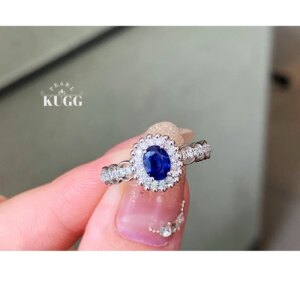 KUGG 100% 18K White Gold Rings Elegant Gentle Style Shiny Diamond Natural Sapphire Gemstone Ring for Women High Wedding Jewelry