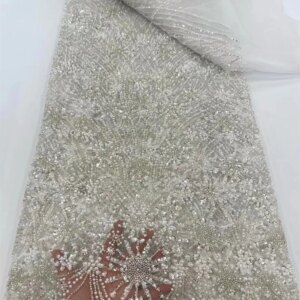 Luxury African Fabris 5 Meters 2025 Latest Handmad Bead Lace Fabric Sequin White Lace Fabric With Sequin For Sewing Dress W622-1