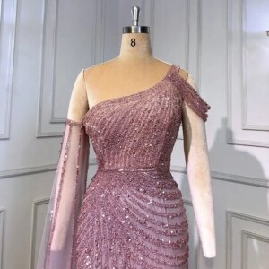 Customized Exquisite Organza One Shoulder Sequined Evening Dresses Delicate Long Sleeves Celebrity Gowns Saudi Arabia