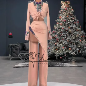 Prom Dress Heavy Beading Stones High Slit Two Piece Satin Evening Dress Duabi Formal Party Gown Special Occasion Dresses