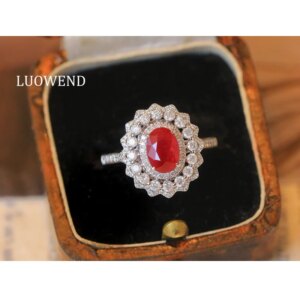 LUOWEND 100% 18K White Gold Rings Elegant Style Luxury Diamond Natural Ruby Gemstone Ring for Women Senior Banquet Fine Jewelry