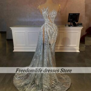 Stunning Crystal Evening Dress For Women Luxury Lrregular Collar Side High Prom Gowns See Through Wedding Party Dress Customized