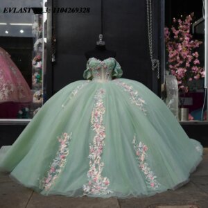 EVLAST Customized 2025 Sage Green Quinceanera Dress Ball Gown Floral Applique Beading Corset Sweet 16 Vestidos De 15 Anos E3Q652