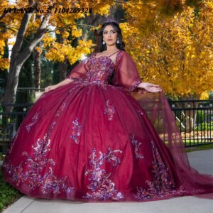 EVLAST Customized Mexican Dark Red Quinceanera Dress Ball Gown Sequins Applique Beading Cape Sweet 16 Vestido De 15 Anos E3Q268