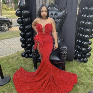 Long Sequined Red Prom Dresses Black Girl 2024 Sexy Mermaid High Slit with Feather Formal Evening Party Gown for Wedding