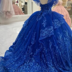 Customized Luxury Glitter Blue Party Occasion Dresses Short Sleeve Sequined Ball Gown Sweet 15 Quinceanera Prom Dancing Wear