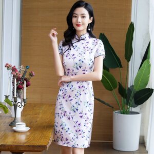 Cheongsam Qipao Women’s Dress Summer New High Quality Real Silk Printed Improved Short Sleeve and