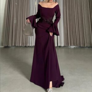Customized Mermaid Prom Dresses Floor-Length Off-The-Shoulder Boat Neck Evening Dresses Full Sleeve Simple Fashion Flouncing
