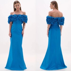 Customized Satin Pleat Celebrity Trumpet Boat Neck Bespoke Occasion Gown Long Dresses