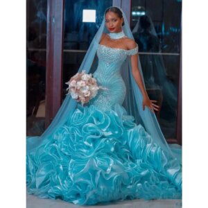 Mermaid Aqua Blue Prom Dress Ruffled Custom Made Long Prom Gowns Organza Off SHoulder Layered Glitter Crystal Evening Dresses