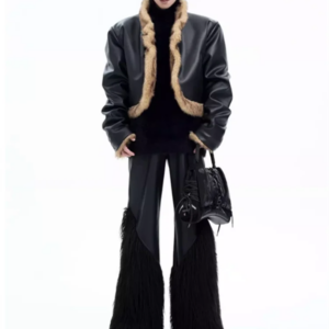 2024 Black patchwork leather pants men winter boys fur pants original European and American street wide-leg pants