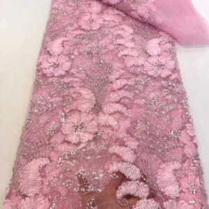 African Lace Fabric 2025 High Quality French 3D Flower white Embroidery Beads Tulle Lace Fabric For Party Dress