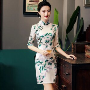 Cheongsam Qipao Women’s Dress Spring New High Quality Real Silk Printing Improved Mid-Sleeve