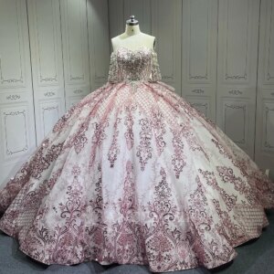 Pink Quinceanera Dresses Court Train Crystal Cap Sleeve Appliques Birthday Bead Ball Gown Vestidos De 15 Anos Customized