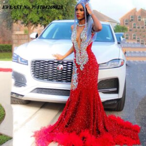 EVLAST Customized Red Sequins Prom Dress 2025 Black Girl Feather Silver Rhinestone Beaded Mermaid Party Gala Evening Gown E3P276