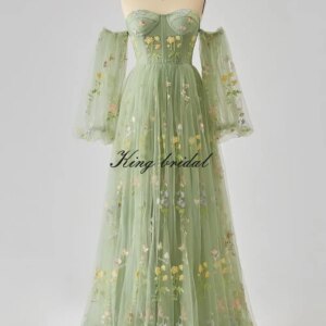 Puffy Sleeve Flower Embroidery Tulle Prom Dresses for Women Long A Line Fairy Maxi Formal Evening Party Gown Bridesmaid Dresses