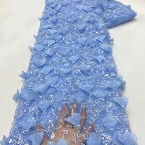 Latest African Sequins Lace Fabric 2024 High Quality Lace Embroidery Beaded Blue Fabric 5 Yards For Women Wedding Party Dress