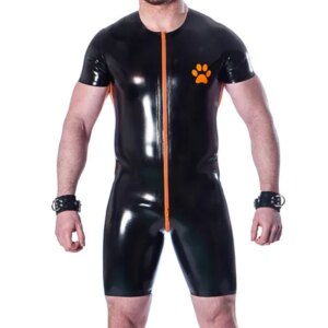customized latex catsuit black latex short – sleeved catsuit with orange zipper design handmade natural rubber clubwear cosplay