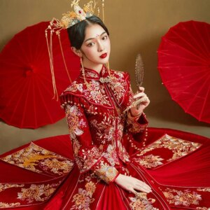 Yourqipao Chinese Clothing Red Wedding Dress Traditional Plus Size Bridal Gowns Ancient Custume China Xiuhe Cheongsam for Women