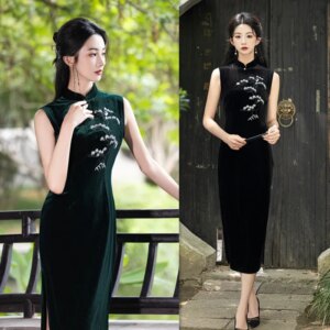 Fashion Improvement New Chinese Style Long Sleeveless Velvet Cheongsam Qi Pao Autumn Young Lady