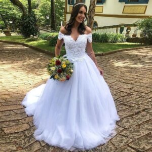 Customized Sexy Off Shoulder V-neck Wedding Dress 3D Applique Tulle Skirt Beach Robe Wedding Bridal Dress Vestido De Noiva