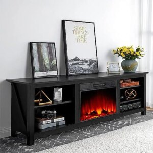 Entertainment Center with 23” Electric Fireplace & Adjustable Shelves TV up to 80″ Remote Control & Timer Farmhouse Media