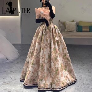 Flower Jacquard Satin Prom Dress Puffy A line Bow Pink Party Gown Off Shoulder Floral Girls Cute Long Evening Dress