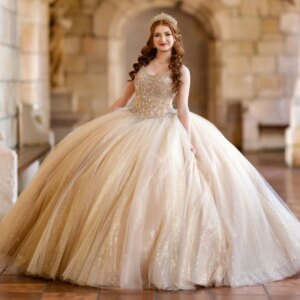 Champagne Shiny Quinceanera Dresses Spaghetti Strap Ball Gown Sweet 16 Dress Beading Crystal Tull Birthday Party Vestidos De 15