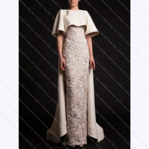 Luxury Long Evening Dresses with Cape Beaded Appliques Elegant Short Sleeves Gowns Formal Red Carpet Dinner Party Evening Wear