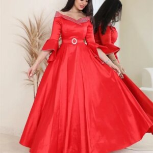 Customized  Red A-Line V Neckline Prom Dress Long Sleeves  With Ankle-Length Evening Summer Elegant Party Dress For Women2023