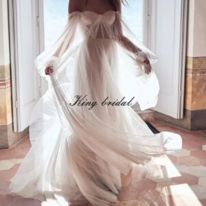 Women’s Puffy Long Sleeve Prom Dresses with Slit Custom Made Off Shoulder Tulle Wedding Formal Evening Gowns See Through Gown