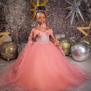Pink Beaded Girl Pageant Dress Flower Girls Dresses for Wedding With Wrap Customized Big Floral Kids Party Birthday Gowns