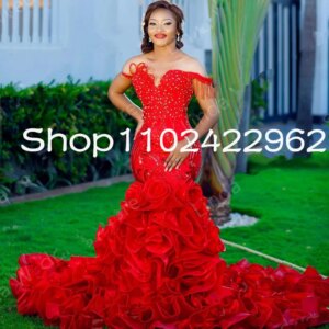 Customsized Gorgeous Red Mermaid evening dresses Tiered Skirts Off Shoulder Beaded Crystal african prom gown Robe de mariee