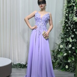 Luxury Lavender Evening Dress Embroidery Flower Custom Prom Suspenders Dress Sexy V Neck For Women Quinceanera Graduation YM33