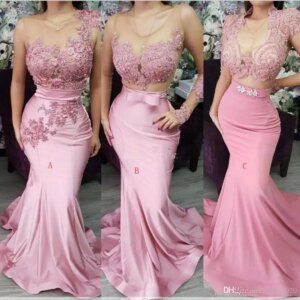 Fashion Sweet Pink Lace Satin Long Wedding Mermaid Prom Dresses Junior Party Gowns Maid of Honor Dresses With Bow Evening